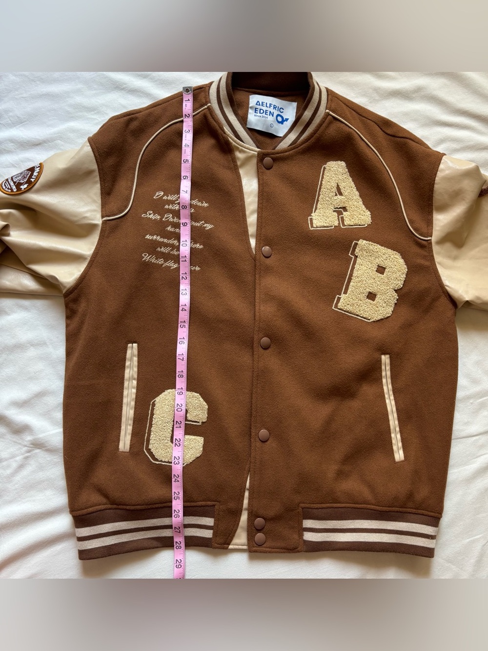 Aelfric Eden Towel Embroidery Varsity Jacket Brown Cream Oversized L - Picture 14 of 15